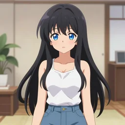 full shot illustration of cute anime waifu woman with long black hair, blue eyes, white tanktop, blue denim skirt. symmetrical face, symmetrical detailed defined eyes, intricate, living room background