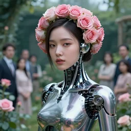 perfect android girl, roses in hair, cyborg, flowers, metallic surface, cinematic lighting, garden, utopia, beautiful girl, kim hyun joo, advanced technology, futuristic, art by ilya kuvshinov and akiko takase and eugene gottsnake and stanislav istratov and su fu and antoine collignon