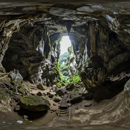wide angle view inside Son Doong Cave in Vietnam, 3d stereoscopic equirectangular 360, fov 90 degrees, horizon centered, yaw 0 degrees
