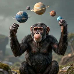 a terrified chimpanzee juggling planets of the solar system, illustration realistic cinematic 3 5 mm depth of field detailed