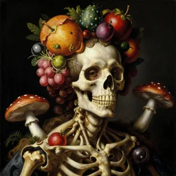 a close - up baroque portrait of a futuristic tropical skeleton with colorful airborne fruit and mushrooms. studio lighting. black background. highly detailed science - fiction painting by norman rockwell, moebius, frank frazetta, syd mead, and giuseppe arcimboldo. rich colors, high contrast. renaissance masterpiece. artstation