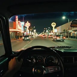 first - person perspective in the interior of a vintage car looking over the dash through the window down a city street with neon hotel signs and neon animated casino signs, automobiles in 1 9 7 0's las vegas at night,!! color photo!!, vintage film artifact