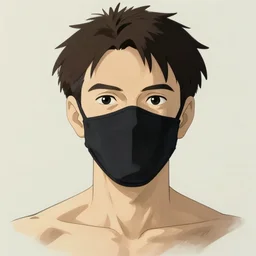 white man with black fabric mask, short dark hair, true anatomy!, art by hayao miyazaki
