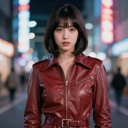 youthful asian demure, exquisite features, feminine cut, 1 9 7 0's frontiers in flight leather suit, tokyo neon