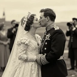 An extreme long shot wide shot, colored black and white Russian and Japanese mix historical fantasy photographic portrait of a Royal wedding of the empress and the emperor share a tender kiss, golden hour, warm lighting, 1907 photo from the official wedding photographer for the royal wedding. n-6