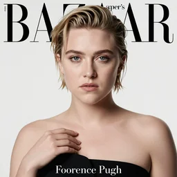 florence pugh photographed by john edmonds for harper's bazaar, dslr, 8 4 mm, full fashion portrait, studio lighting, editorial photograph, different background, library, sofa, interior
