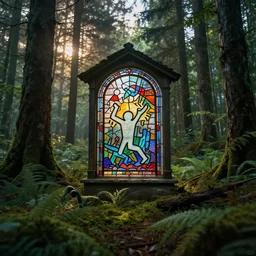 a small stained glass window depicting Keith haring graffiti art in the middle of a huge lush taiga forest at sunrise, hyperrealistic, concept art, octane render, unreal engine 5, trending on Artstation, high quality, 8K, dramatic lighting, cinematic, high coherence, highly detailed, Midjourney style, epic scene, path traced, low contrast, complementary colors
