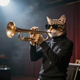 a cat playing trumpet on stage in a smoky room, wearing sunglasses and a turtleneck