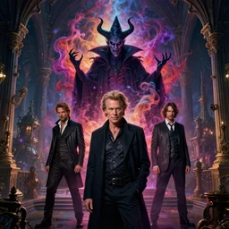 highly detailed mix of willem dafoe, christopher walken, michael emerson, evil wizard, intricate colorful cosmic smoke magic, baroque gothic victorian interior steampunk city vista, artstation, tyle of artgerm, andreas rocha, hiroshi nagai