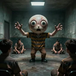 an intelligent room that is aware of everything inside it, the room has eyes, appendages, and a mouth. there are scared prisoners inside the intelligent room
