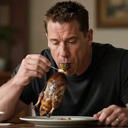 John Cena eating a duck, 40nm lens, shallow depth of field, split lighting, 4k,