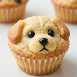 A close-up photo of a blueberry muffin that appears to look like a puppy face