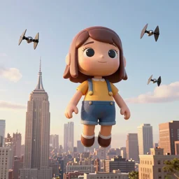 extreme long shot of a colossal very funny nendroid girl destroyer hovering over the sky of new york city, tie fighters patrolling, golden hour, deep depth of field, aerial view, the sun on the horizon, award winning photography, 8 k, octane render, unreal 5, hyperrealistic, symmetrical, breathtaking, groundbreaking, intricate digital art, photoshop, cgi art