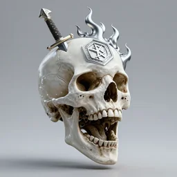 screaming skull with sacrificial - dagger, silver hexagon, powerful magic symbol, silver flames, epic legends game icon, stylized digital illustration, radiating a glowing aura global illumination, octane render, unreal engine