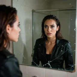 cinestill 5 0 d candid photographic portrait by quentin tarantino of a beautiful mixed feminine man wearing black techwear and light makeup looking in a broken bathroom mirror, rundown new york apartment, medium closeup, grunge lights shadows refraction, 3 5 mm, f / 3 2, 4 k, 8 k, hd, high resolution, ultra realistic faces, intricate detail, clockwork orange
