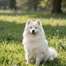 a samoyed dog sitting in the middle of sunny meadow, colored, by Inio Asano
