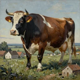 painting of a giant cow in a village in the style of beksinski, hyper realistic, detailed