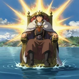 a lone king sitting on a throne floating on water in the middle of a lake drawn by Makoto Yukimura in the style of Vinland saga anime, full color