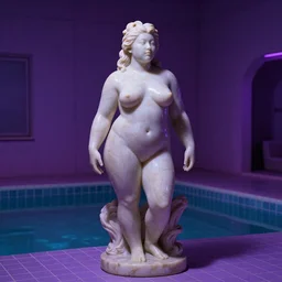 awe - inspiring award - winning frank frazetta marble statue of a beautiful chubby asian woman on display in a vaporwave room with tiled surfaces and a swimming pool, realistic, photo real, smooth, sharp, intricate detail, dramatic lighting, extremely moody purple lighting, glowing light and shadow, atmospheric, shadowy, cinematic, 8 k
