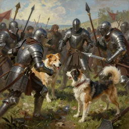 painting of a epic battle between dogs and cat with iron armor and ancient weapons, medieval setting, artstation, natural lighting, highly detailed, illustration
