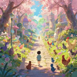 a dreamy otherworldly 3 d render of stone pathway through lively city full of animals, cats, rodents, chicken, studio ghibli, pixar and disney exploded - view drawing, sharp, disney octane render splatter paint vray by shinji kimura and alphonse mucha and alena aenami, maximalist pastel color palette, ( ( bloom ) ), dramatic lighting