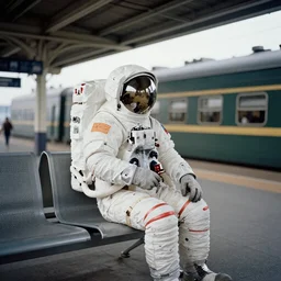 a beautiful photo of an astronaut waiting in a train station, 1970', soft light, morning light, photorealistic, realistic, octane, 8k, cinematic shot