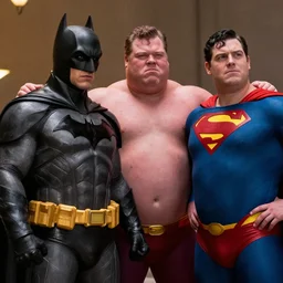 fat avengers movie still - ethan supler as batman and ron lester as superman, fat superheroes, sharp focus, insane detail, intricate