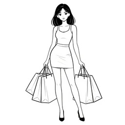 illustration vector fine line art of a full shot sexy shopping girl with shopping bags,trending on shutterstock