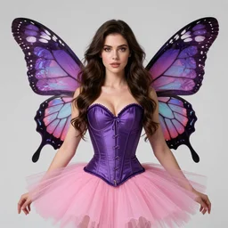 brunette woman with long hair, butterfly wings, wearing a purple corset and pink tutu, centered, fantasy, highly detailed, digital painting, trending on artstation, concept art, sharp focus, illustration, art by artgerm and greg rutkowski and magali villeneuve