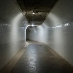an underground pool that leads into a curved hallway, all white ceramic tiles, dark lighting, surreal, liminal space,