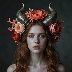 of a woman,surreal Portrait inspired by Natalie Shau,Anna Dittman,flower crown,coral ,horns,cinematic