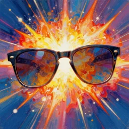 a psychedelic painting of an explosion reflected in sunglasses, close - up, artstation