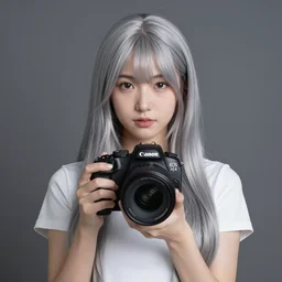 Young beautiful woman with silver hair, medium shot, Canon EOS R3, f/1.4, ISO 200, 1/160s, 8K, RAW, unedited, symmetrical balance, in-frame