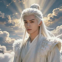 a portrait of a young handsome prince with white fringy hair, epic clouds, beautiful landscape, backlit, incredible lighting, strong rim light, highly detailed, god rays, digital painting, HDRI, by Heise Jinyao, Heise-Lian Yan Fang, Feimo, Richard Taddei, vivid colors, high contrast, 8k resolution, intricate, photorealistic