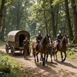 a detailed concept art of three medieval soldiers disguised as gipsies in a medieval caravan with two horses. in sherwood forest path. merchant wagon with a broken wheel. sunny day. shadows. wide angle. trending on artstation, craig mullins, gopro lens. centered composition.