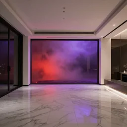 end of the world, view from inside a contemporary apartment, shiny surfaces, marble floor, red mist outside, purple haze, 4K