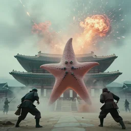a filmstill of a north korean monster movie, kaiju - eiga monster starfish - like trampling a traditional korean palace, foggy, film noir, epic battle, etheral, explosions, communist starfish, thriller, by akira kurosawa and robert eggers, video compression