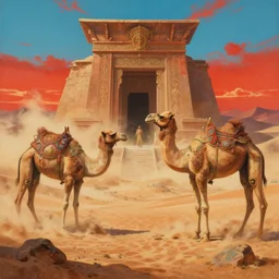 painting of guardians of the ancient camel temple, sandstorm, sand dunes, camel god, barren sands, desolate, forgotten, by ArtGerm and Justin Cheung and Makoto Shinkai, insanely detailed and intricate, ornate, elegant, award winning, vermillion and cyan, sunset, maximalist, trending on Artstation, matte painting, interior scene, camel statue