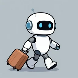 a funny illustration of a tiny robot walking happily with a suitcase in its hand