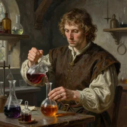 a highly detailed portrait painting of a male mixing a potion in medieval lab, hires, 4 k, artstation, deviantart, in the style of tim hildebrandt