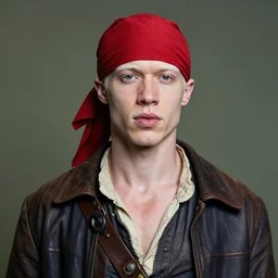 photo portrait of an rugged albino african pirate with a red headband and a brown jacket, young adult, thin blonde mustache, afro blonde hair, stern face, rugged and dirty, cinematic lighting at sundawn, movie color grading