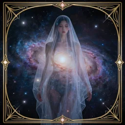 a portrait of a galaxy as an androgynous spirit, draped in transparent cloth, decorative art deco border, astrophotography, vast cosmos, digital illustration overlayed on photography, trending on artstation