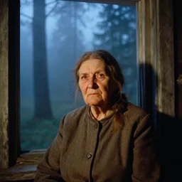 portrait bust of old woman, solemn expression, faded color film, russian cinema, tarkovsky, kodachrome, inside old cabin, next to window, heavy forest outside, long brown hair, old clothing, heavy fog, blue hour, hudson river school, 4 k, dramatic lighting, greg rutkowski