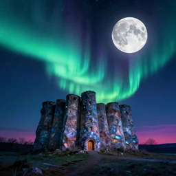 glass castle in the starry sky with aurora night super full moon, masterpiece epic retrowave art, trending on art station