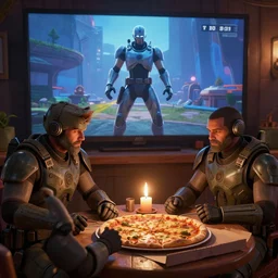 Master Chief and Robocop share a pizza, candlelit date, a screenshot from Fortnite