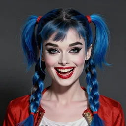 evil audrey hepburn as harley quinn, insane crazy laugh, blue hairs, double long braids blue, no makeup, natural face color, portrait shinkai makoto artgerm rossdraws james jean marc simonetti highly detailed intricate matte sharp focus digital painting artstation pixiv