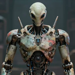 robot torso, symmetry, faded colors, exotic alien features, cypherpunk background, tim hildebrandt, wayne barlowe, bruce pennington, donato giancola, larry elmore, masterpiece, trending on artstation, featured on pixiv, cinematic composition, beautiful lighting, sharp, details, hyper detailed, 8 k, unreal engine 5