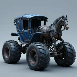 a horse carriage wit monster truck wheels, coriolios rpg art style, full of details, dark sci - fi, cold blue colors, matte painting, artstation, 8 k, hyperrealistic, style of peter mohrbacher