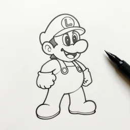continuous single line contour - drawing of waluigi, pen on white paper