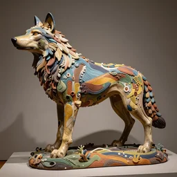 a stunning colourful intriguing large - scale clay sculpture of a mythic wolf animal, sleek polished look, by beth cavener in a museum. ellen jewett, beth cavener